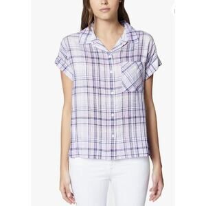 Sanctuary Women's Purple Plaid Short Sleeve Button Down Boyfriend Shirt Size M